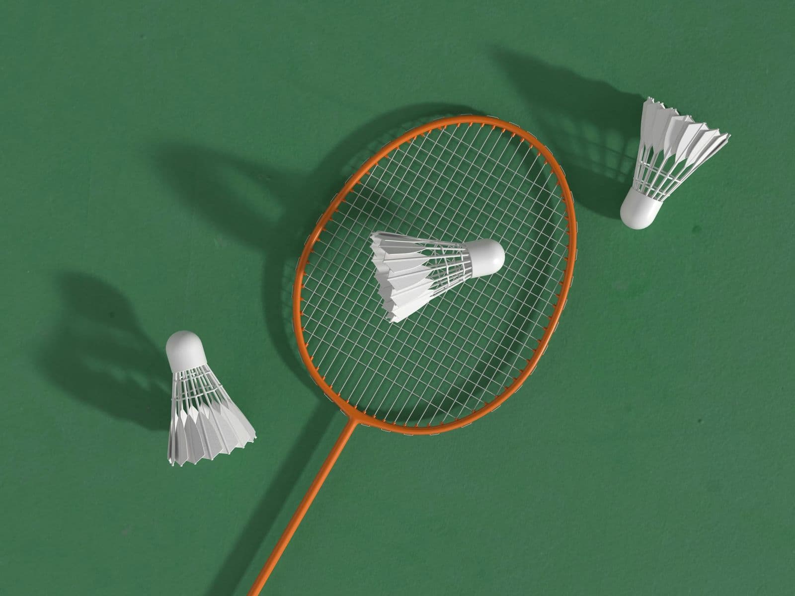 Badminton racket and shuttlecocks on a green court